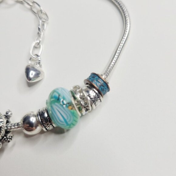 NWT Pandora Style Charm Bracelet Silver Blue Turtle Stars Copper Beads Glass XL - Picture 2 of 8